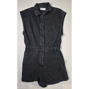 Zara Romper Women's Small Black Denim Blue Jean Short Sleeve Collared Grunge S